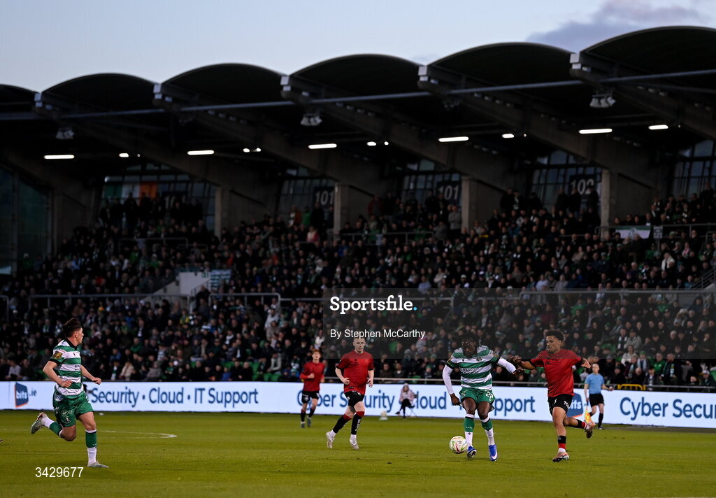 17 April 2026; Tunmise Sobowale of Shamrock Rovers in action against Zane Myers of Bohemians during the SSE Airtricity Men's Premier Division match between Shamrock Rovers and Bohemians at Tallaght Stadium in Dublin. Photo by Stephen McCarthy/Sportsfile