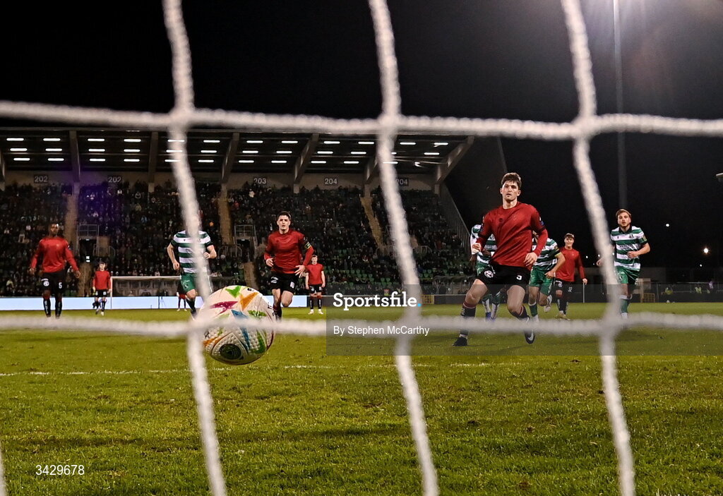 17 April 2026; Colm Whelan of Bohemians scores his side's goal, a penalty, during the SSE Airtricity Men's Premier Division match between Shamrock Rovers and Bohemians at Tallaght Stadium in Dublin. Photo by Stephen McCarthy/Sportsfile