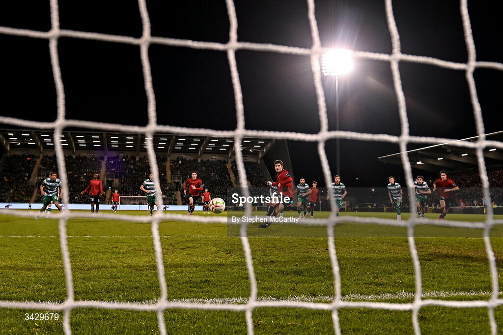 17 April 2026; Colm Whelan of Bohemians scores his side's goal, a penalty, during the SSE Airtricity Men's Premier Division match between Shamrock Rovers and Bohemians at Tallaght Stadium in Dublin. Photo by Stephen McCarthy/Sportsfile