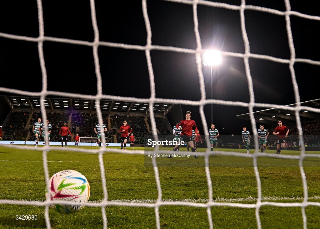 17 April 2026; Colm Whelan of Bohemians scores his side's goal, a penalty, during the SSE Airtricity Men's Premier Division match between Shamrock Rovers and Bohemians at Tallaght Stadium in Dublin. Photo by Stephen McCarthy/Sportsfile