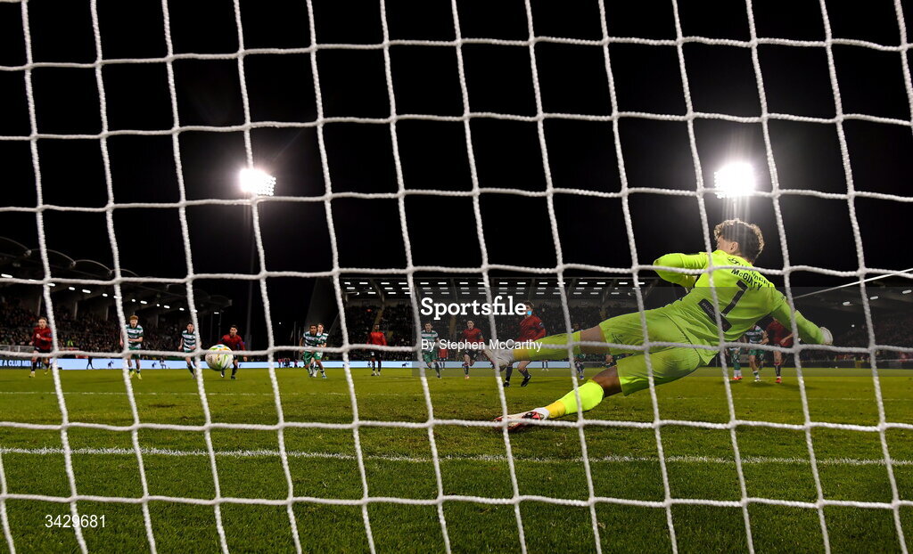 17 April 2026; Colm Whelan of Bohemians scores his side's goal, a penalty, past Shamrock Rovers goalkeeper Ed McGinty during the SSE Airtricity Men's Premier Division match between Shamrock Rovers and Bohemians at Tallaght Stadium in Dublin. Photo by Stephen McCarthy/Sportsfile