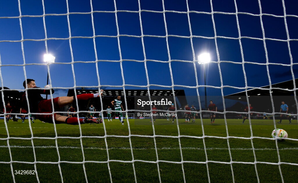 17 April 2026; Graham Burke of Shamrock Rovers scores his side's second goal, a penalty, past Bohemians goalkeeper Kacper Chorazka during the SSE Airtricity Men's Premier Division match between Shamrock Rovers and Bohemians at Tallaght Stadium in Dublin. Photo by Stephen McCarthy/Sportsfile