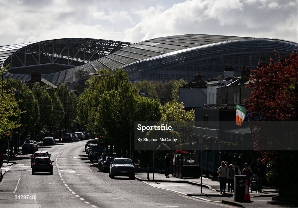 18 April 2026; A general view outside the Aviva Stadium before the 2027 FIFA Women’s World Cup Qualifier match between Republic of Ireland and Poland at the Aviva Stadium in Dublin. Photo by Stephen McCarthy/Sportsfile