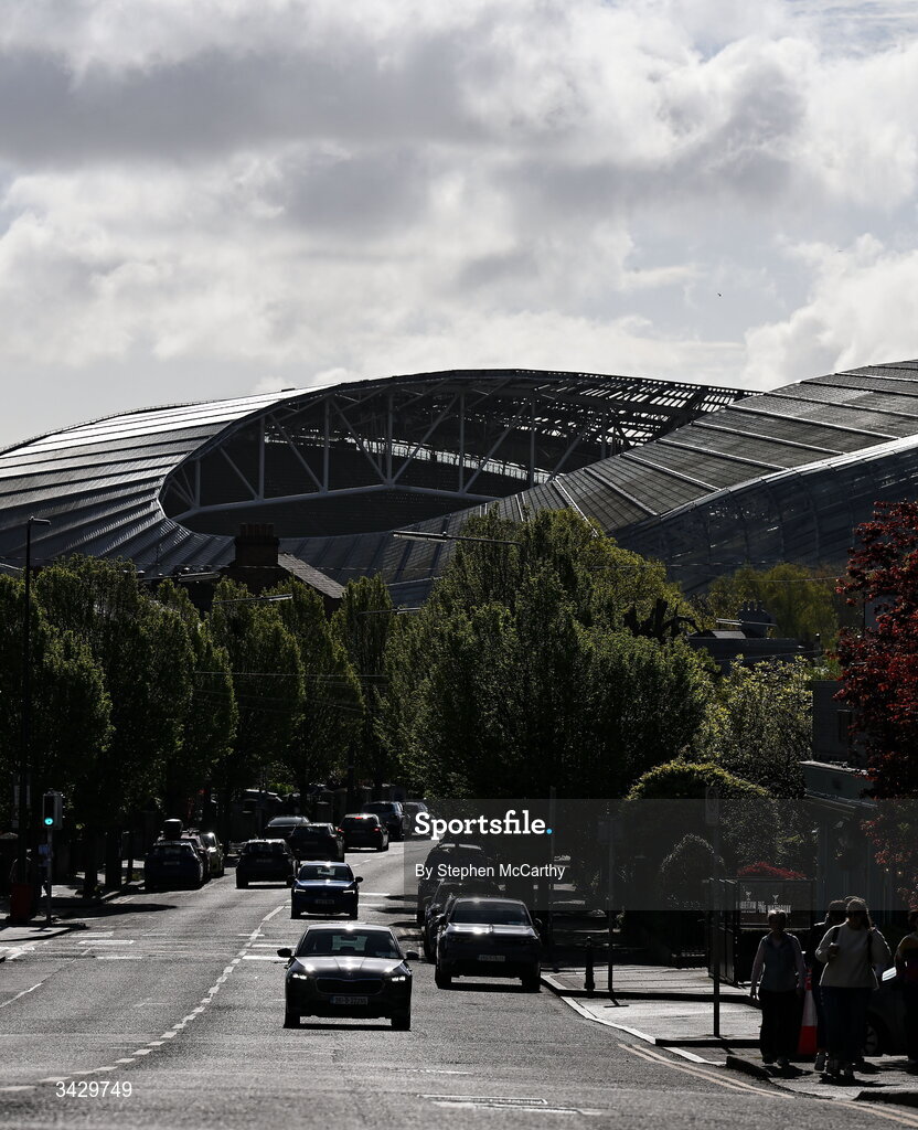 18 April 2026; A general view outside the Aviva Stadium before the 2027 FIFA Women’s World Cup Qualifier match between Republic of Ireland and Poland at the Aviva Stadium in Dublin. Photo by Stephen McCarthy/Sportsfile