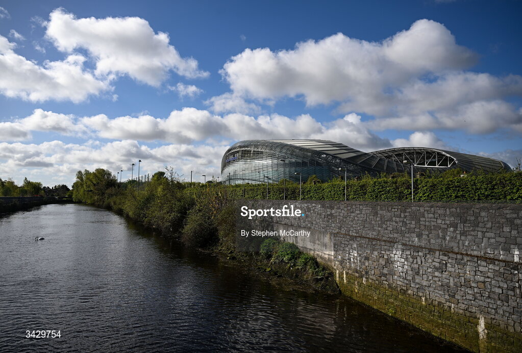 18 April 2026; A general view outside the Aviva Stadium before the 2027 FIFA Women’s World Cup Qualifier match between Republic of Ireland and Poland at the Aviva Stadium in Dublin. Photo by Stephen McCarthy/Sportsfile