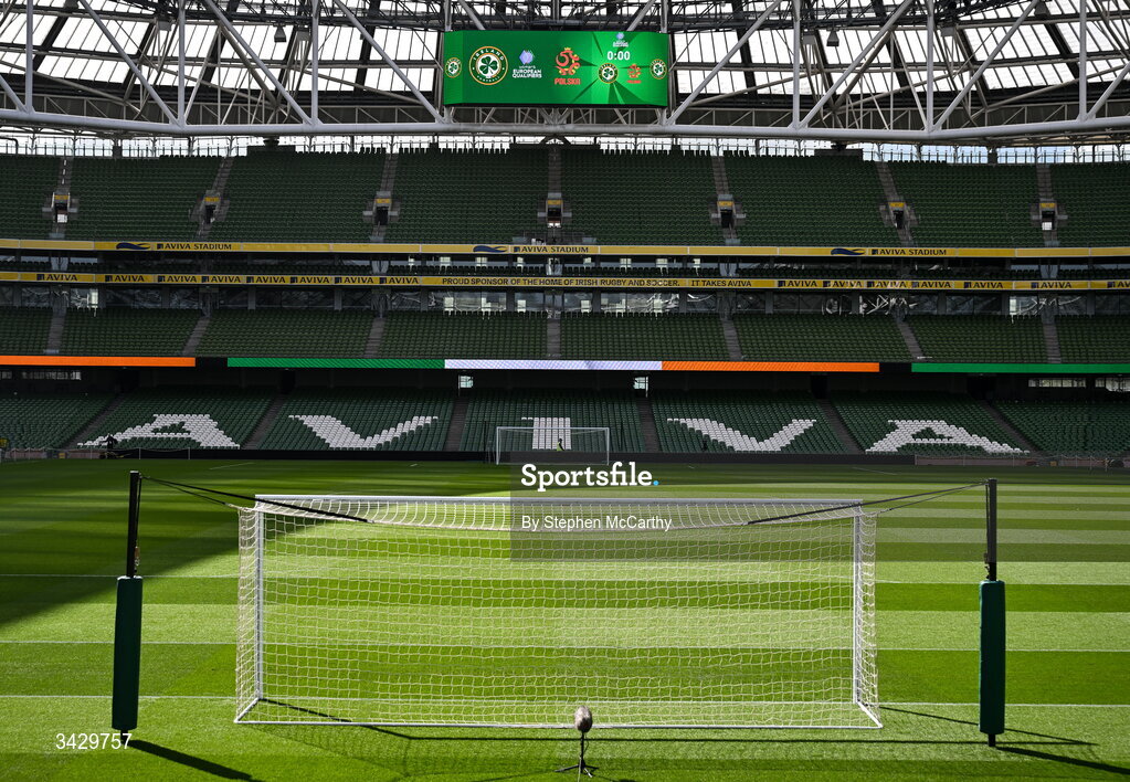 18 April 2026; A general view inside the Aviva Stadium before the 2027 FIFA Women’s World Cup Qualifier match between Republic of Ireland and Poland at the Aviva Stadium in Dublin. Photo by Stephen McCarthy/Sportsfile
