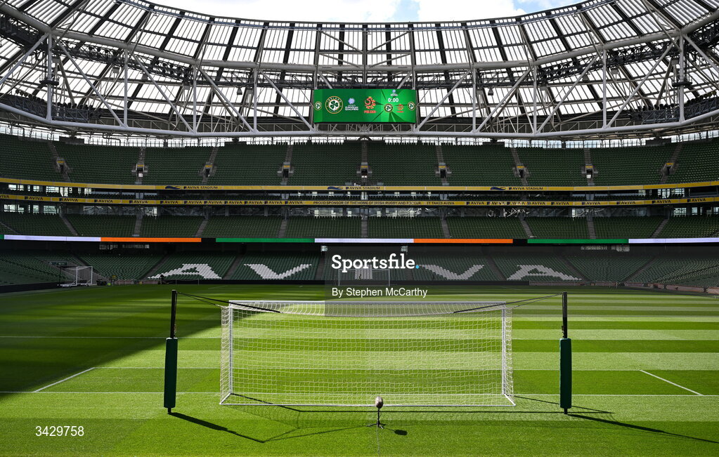 18 April 2026; A general view inside the Aviva Stadium before the 2027 FIFA Women’s World Cup Qualifier match between Republic of Ireland and Poland at the Aviva Stadium in Dublin. Photo by Stephen McCarthy/Sportsfile
