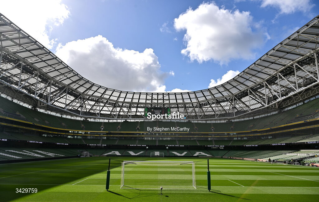 18 April 2026; A general view inside the Aviva Stadium before the 2027 FIFA Women’s World Cup Qualifier match between Republic of Ireland and Poland at the Aviva Stadium in Dublin. Photo by Stephen McCarthy/Sportsfile