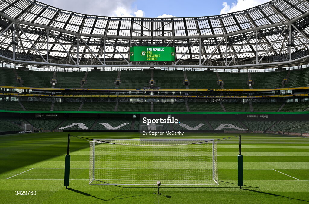 18 April 2026; A general view inside the Aviva Stadium before the 2027 FIFA Women’s World Cup Qualifier match between Republic of Ireland and Poland at the Aviva Stadium in Dublin. Photo by Stephen McCarthy/Sportsfile