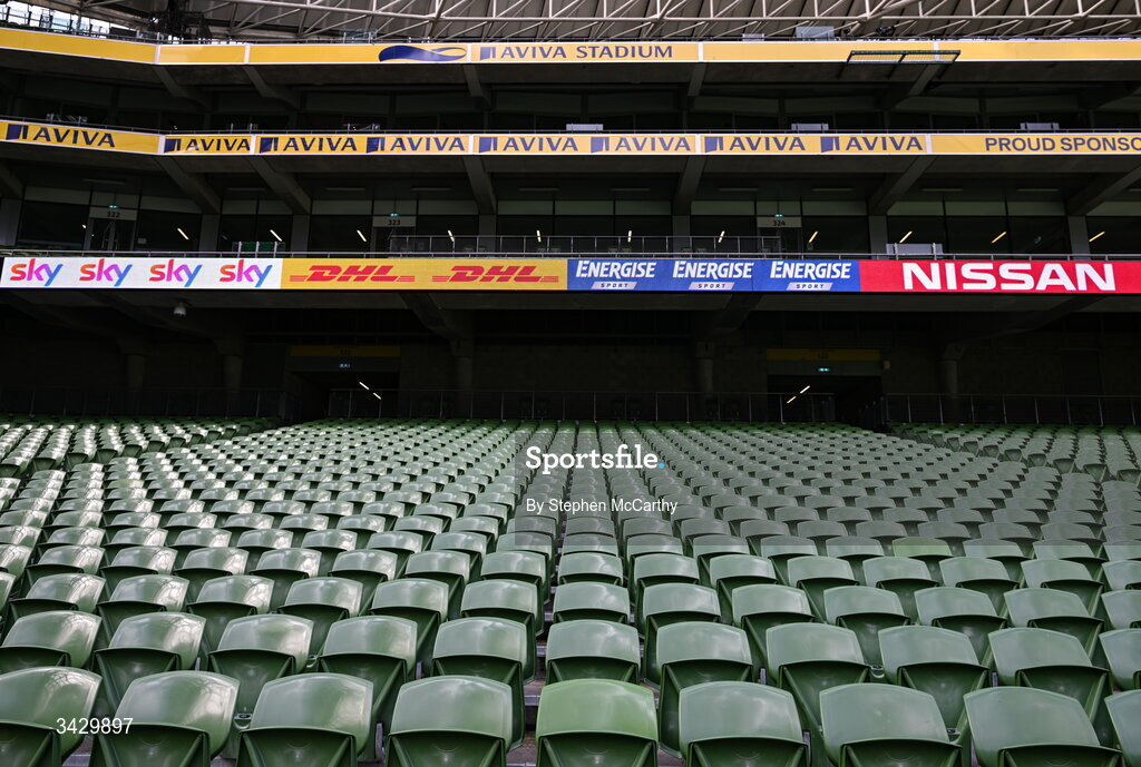 18 April 2026; A general view inside the Aviva Stadium before the 2027 FIFA Women’s World Cup Qualifier match between Republic of Ireland and Poland at the Aviva Stadium in Dublin. Photo by Stephen McCarthy/Sportsfile