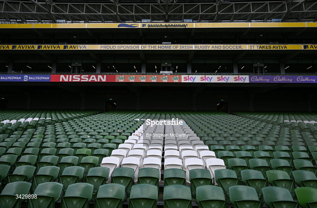 18 April 2026; A general view inside the Aviva Stadium before the 2027 FIFA Women’s World Cup Qualifier match between Republic of Ireland and Poland at the Aviva Stadium in Dublin. Photo by Stephen McCarthy/Sportsfile