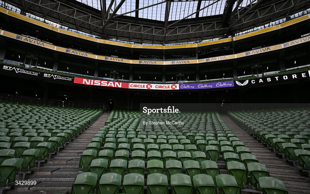 18 April 2026; A general view inside the Aviva Stadium before the 2027 FIFA Women’s World Cup Qualifier match between Republic of Ireland and Poland at the Aviva Stadium in Dublin. Photo by Stephen McCarthy/Sportsfile