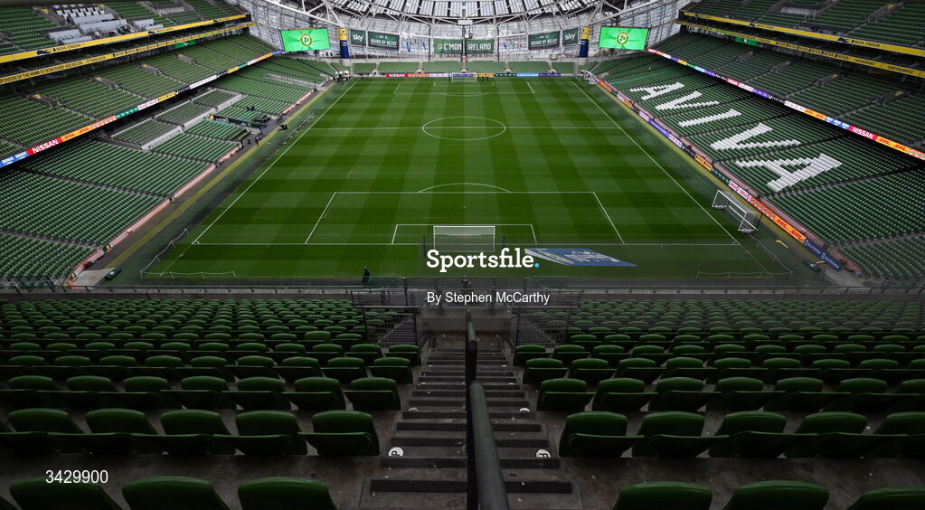 18 April 2026; A general view inside the Aviva Stadium before the 2027 FIFA Women’s World Cup Qualifier match between Republic of Ireland and Poland at the Aviva Stadium in Dublin. Photo by Stephen McCarthy/Sportsfile