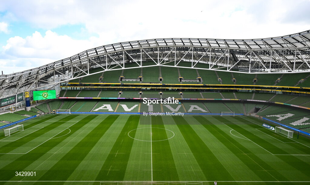 18 April 2026; A general view inside the Aviva Stadium before the 2027 FIFA Women’s World Cup Qualifier match between Republic of Ireland and Poland at the Aviva Stadium in Dublin. Photo by Stephen McCarthy/Sportsfile