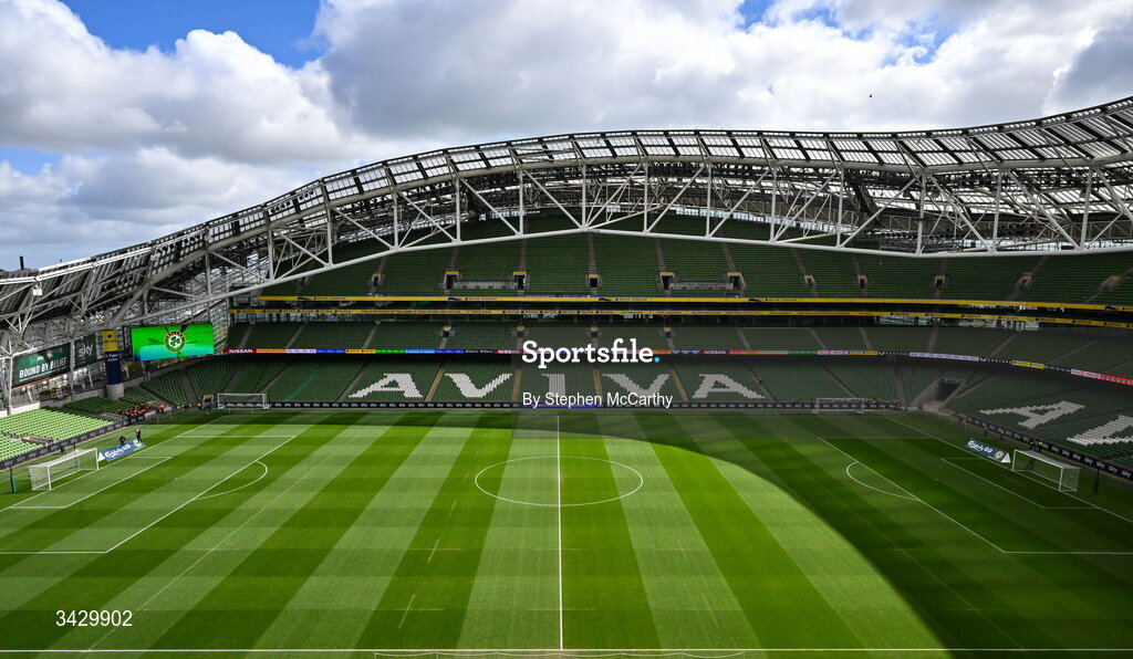 18 April 2026; A general view inside the Aviva Stadium before the 2027 FIFA Women’s World Cup Qualifier match between Republic of Ireland and Poland at the Aviva Stadium in Dublin. Photo by Stephen McCarthy/Sportsfile