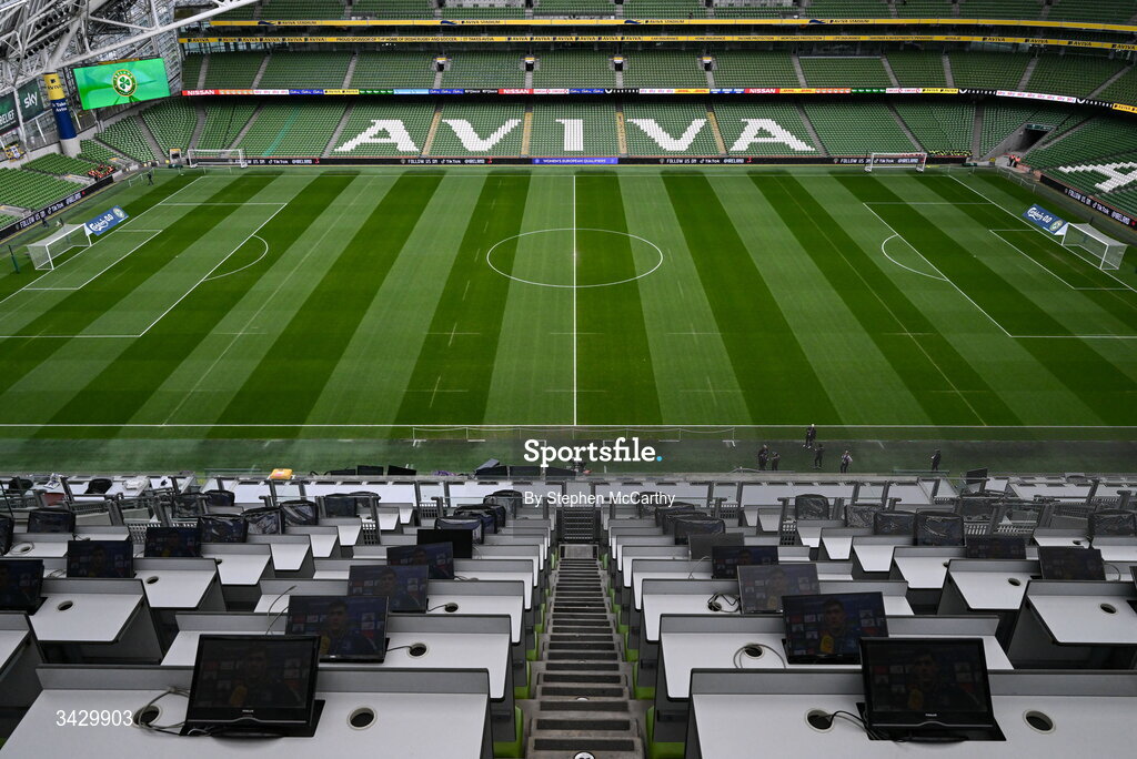 18 April 2026; A general view inside the Aviva Stadium before the 2027 FIFA Women’s World Cup Qualifier match between Republic of Ireland and Poland at the Aviva Stadium in Dublin. Photo by Stephen McCarthy/Sportsfile