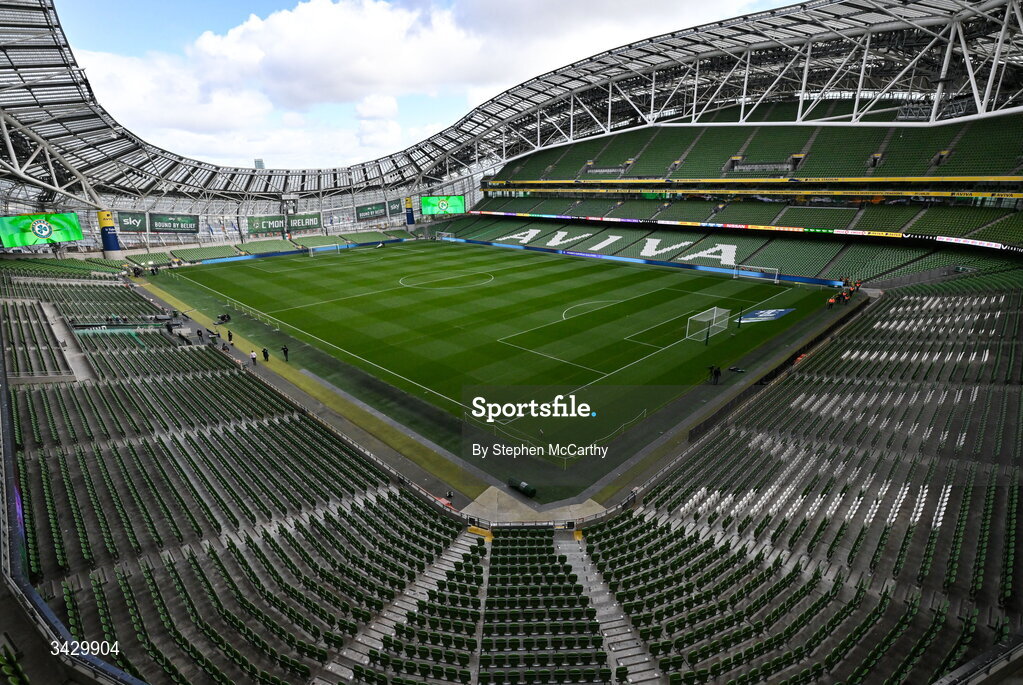 18 April 2026; A general view inside the Aviva Stadium before the 2027 FIFA Women’s World Cup Qualifier match between Republic of Ireland and Poland at the Aviva Stadium in Dublin. Photo by Stephen McCarthy/Sportsfile