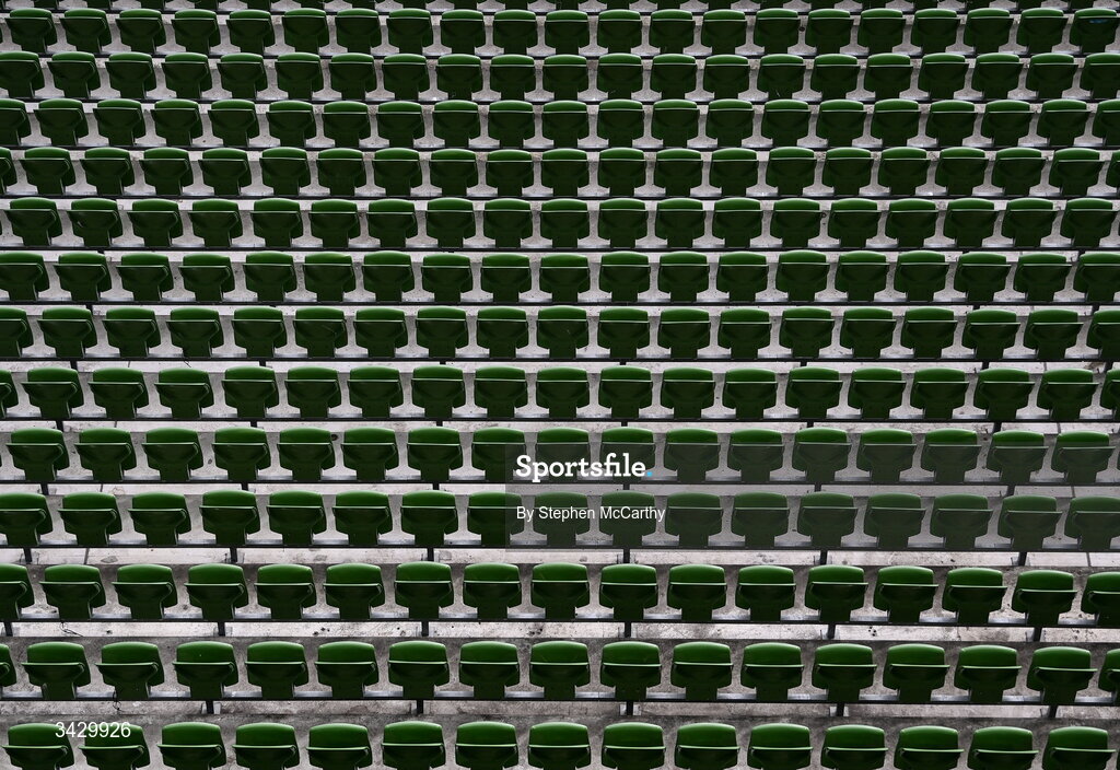 18 April 2026; A general view of seating inside the Aviva Stadium before the 2027 FIFA Women’s World Cup Qualifier match between Republic of Ireland and Poland at the Aviva Stadium in Dublin. Photo by Stephen McCarthy/Sportsfile