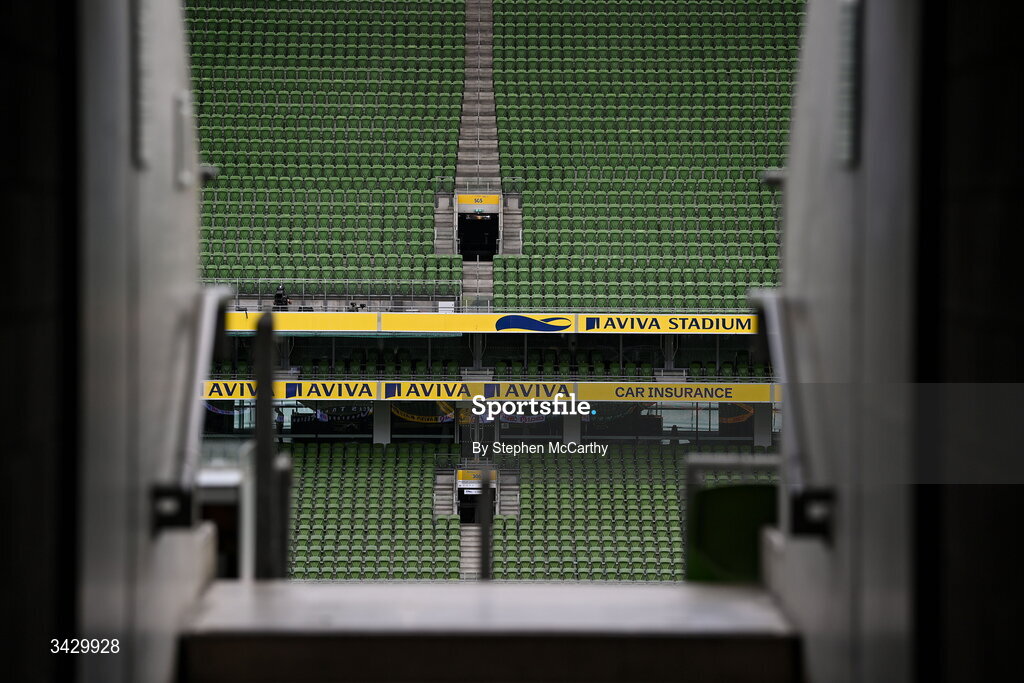 18 April 2026; A general view inside the Aviva Stadium before the 2027 FIFA Women’s World Cup Qualifier match between Republic of Ireland and Poland at the Aviva Stadium in Dublin. Photo by Stephen McCarthy/Sportsfile