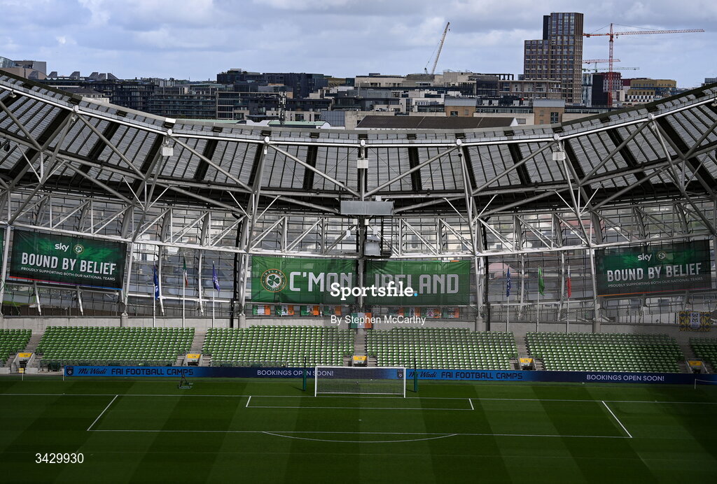 18 April 2026; A general view inside the Aviva Stadium before the 2027 FIFA Women’s World Cup Qualifier match between Republic of Ireland and Poland at the Aviva Stadium in Dublin. Photo by Stephen McCarthy/Sportsfile