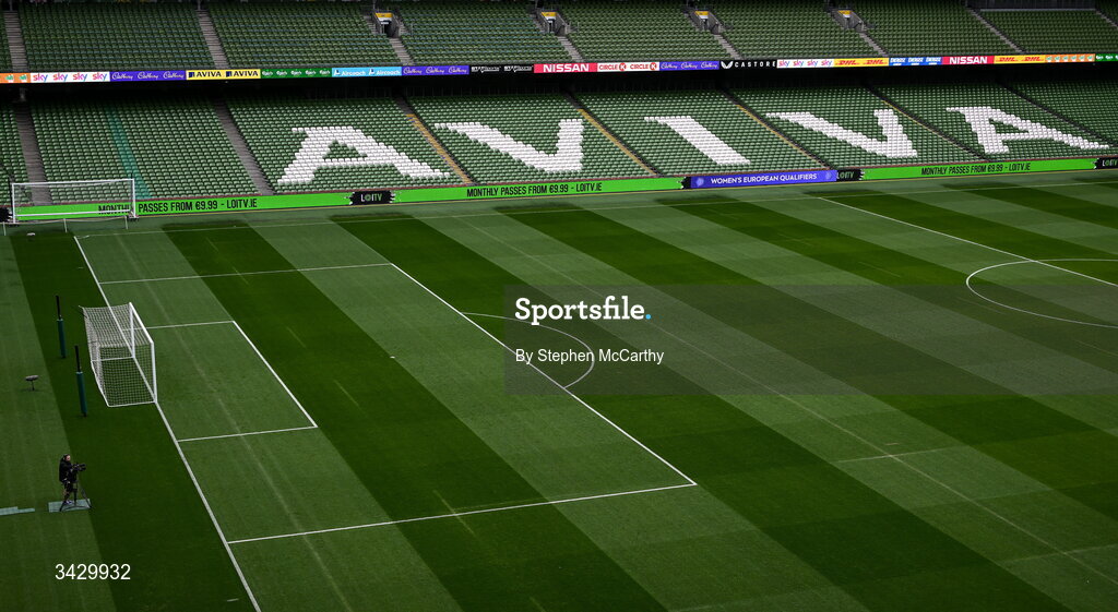 18 April 2026; A general view inside the Aviva Stadium before the 2027 FIFA Women’s World Cup Qualifier match between Republic of Ireland and Poland at the Aviva Stadium in Dublin. Photo by Stephen McCarthy/Sportsfile