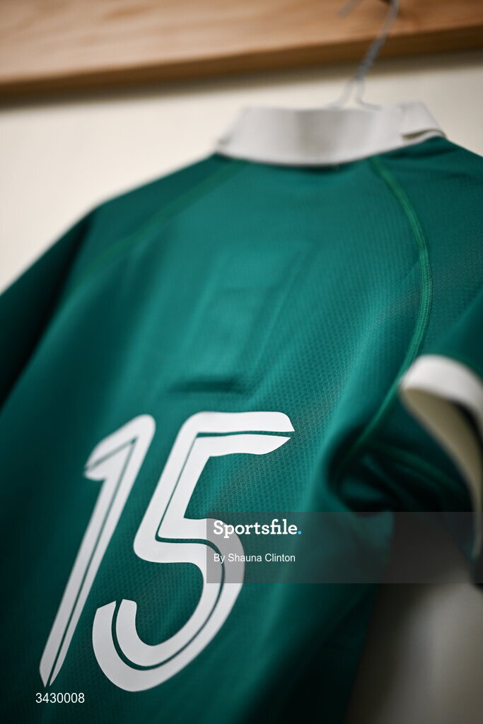 18 April 2026; The jersey of Niamh Gallagher of Ireland is seen hanging in the dressing room before the Women's U21 Six Nations Series match between Ireland and Italy at Dexcom Stadium in Galway. Photo by Shauna Clinton/Sportsfile