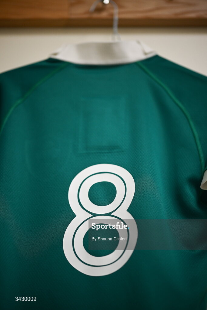 18 April 2026; The jersey of Jemima Adams Verling of Ireland is seen hanging in the dressing room before the Women's U21 Six Nations Series match between Ireland and Italy at Dexcom Stadium in Galway. Photo by Shauna Clinton/Sportsfile
