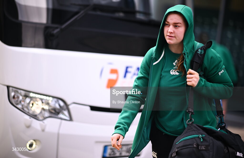 18 April 2026; Aoibheann McGrath of Ireland arrives ahead of the Women's U21 Six Nations Series match between Ireland and Italy at Dexcom Stadium in Galway. Photo by Shauna Clinton/Sportsfile