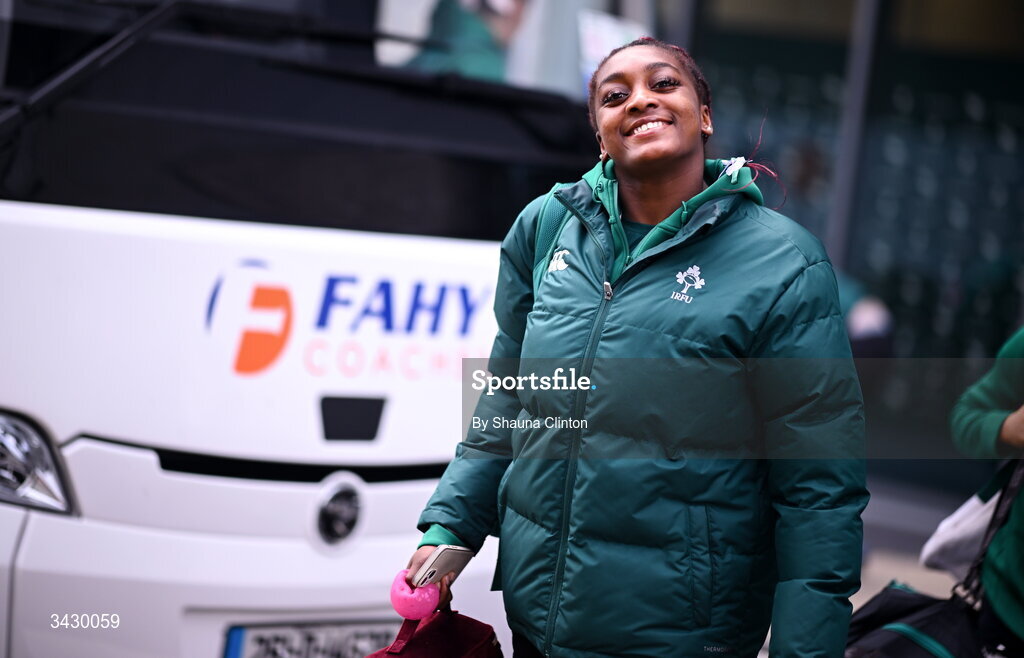 18 April 2026; Chisom Ugwueru of Ireland arrives ahead of the Women's U21 Six Nations Series match between Ireland and Italy at Dexcom Stadium in Galway. Photo by Shauna Clinton/Sportsfile