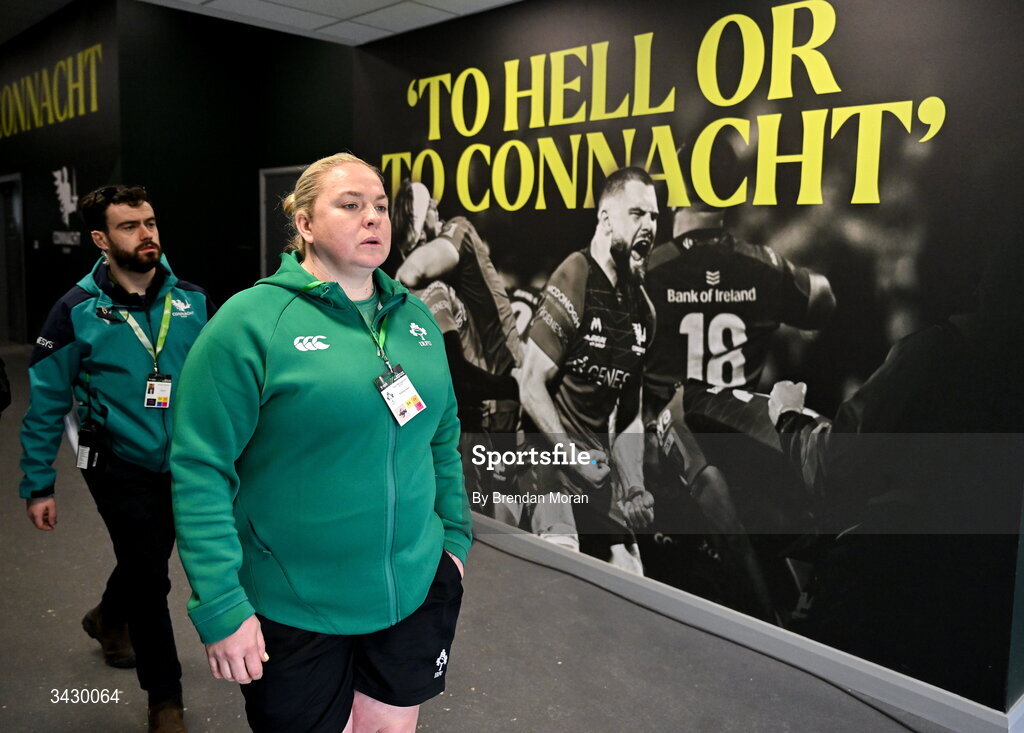 18 April 2026; Ireland head coach Niamh Briggs arrives before the Women's U21 Six Nations Series match between Ireland and Italy at Dexcom Stadium in Galway. Photo by Brendan Moran/Sportsfile