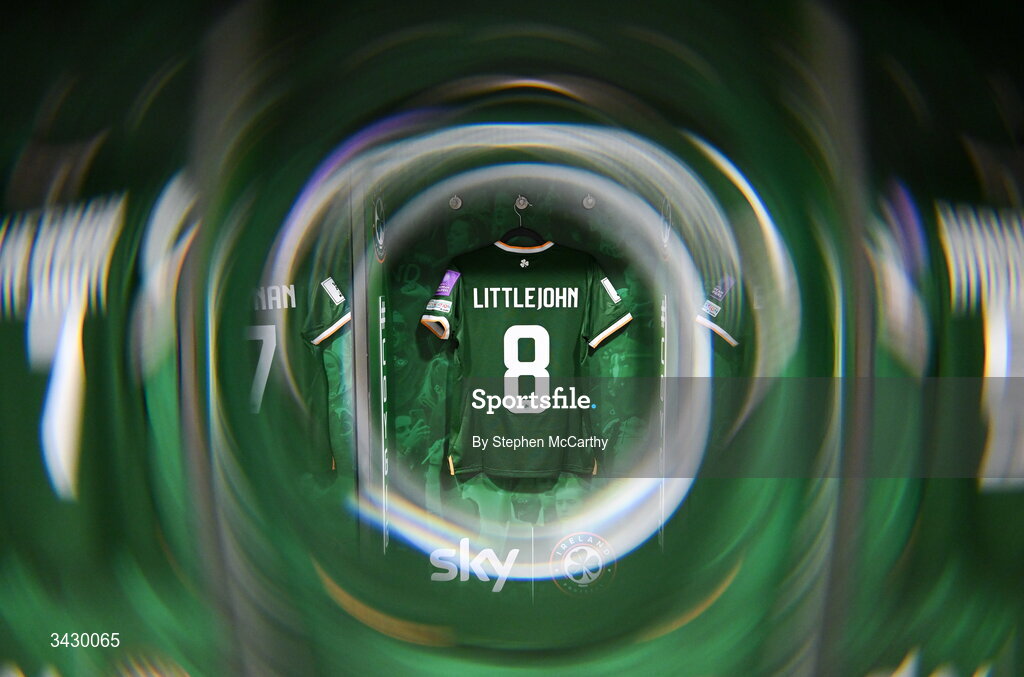 18 April 2026; (EDITOR'S NOTE; This image was created using a special effects camera filter) The jersey of Ruesha Littlejohn hangs in the Republic of Ireland dressing room before the 2027 FIFA Women’s World Cup Qualifier match between Republic of Ireland and Poland at the Aviva Stadium in Dublin. Photo by Stephen McCarthy/Sportsfile
