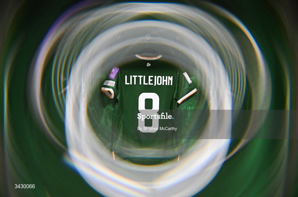18 April 2026; (EDITOR'S NOTE; This image was created using a special effects camera filter) The jersey of Ruesha Littlejohn hangs in the Republic of Ireland dressing room before the 2027 FIFA Women’s World Cup Qualifier match between Republic of Ireland and Poland at the Aviva Stadium in Dublin. Photo by Stephen McCarthy/Sportsfile