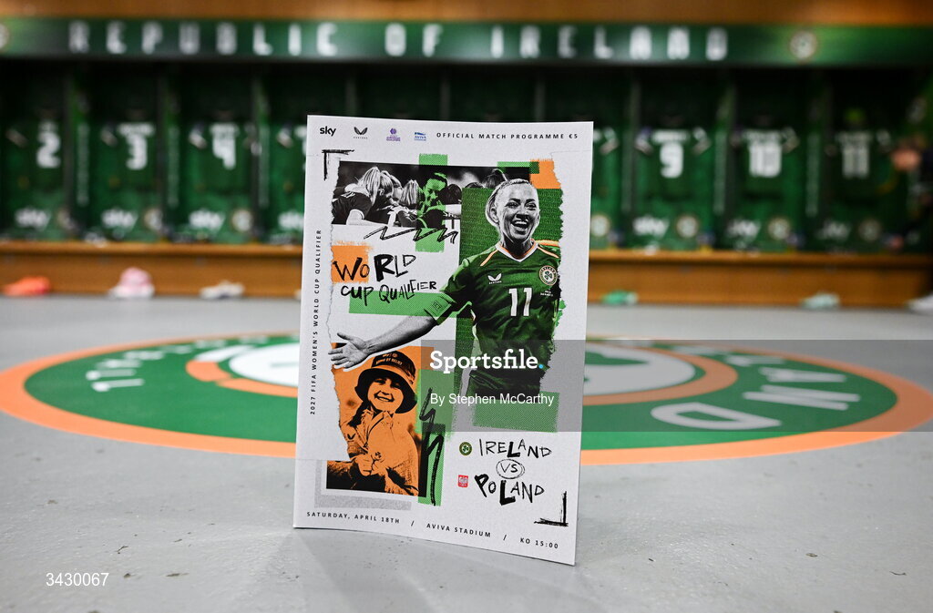18 April 2026; A general view of the match programme in the Republic of Ireland dressing room before the 2027 FIFA Women’s World Cup Qualifier match between Republic of Ireland and Poland at the Aviva Stadium in Dublin. Photo by Stephen McCarthy/Sportsfile