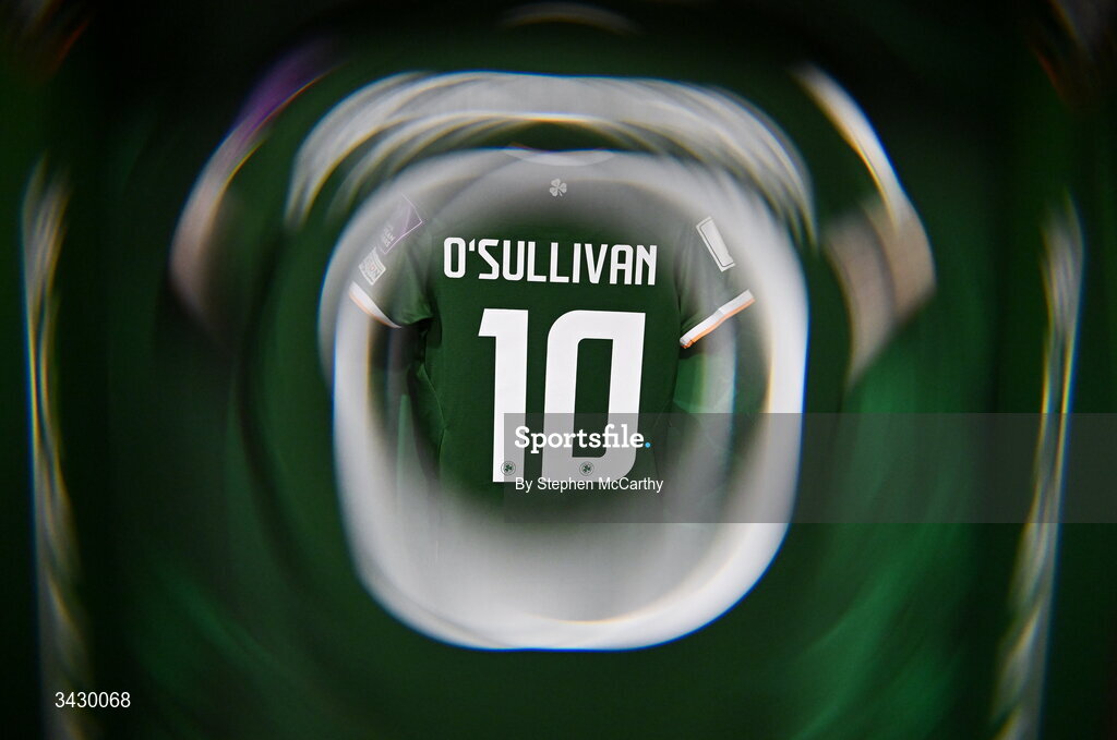 18 April 2026; (EDITOR'S NOTE; This image was created using a special effects camera filter) The jersey of Denise O’Sullivan hangs in the Republic of Ireland dressing room before the 2027 FIFA Women’s World Cup Qualifier match between Republic of Ireland and Poland at the Aviva Stadium in Dublin. Photo by Stephen McCarthy/Sportsfile