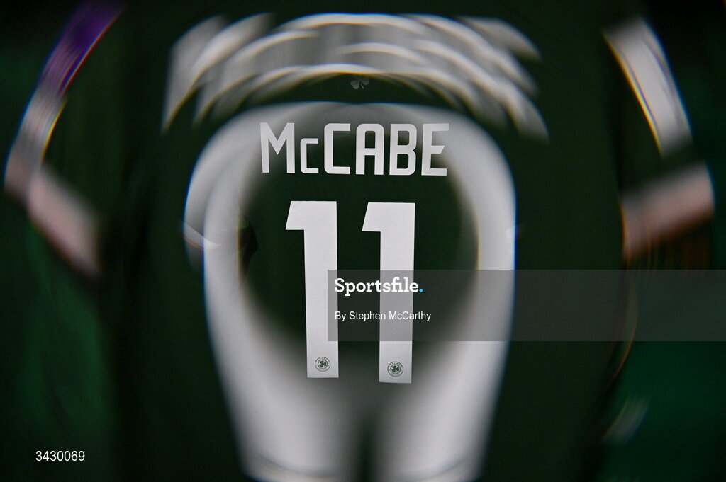 18 April 2026; (EDITOR'S NOTE; This image was created using a special effects camera filter) The jersey of Katie McCabe hangs in the Republic of Ireland dressing room before the 2027 FIFA Women’s World Cup Qualifier match between Republic of Ireland and Poland at the Aviva Stadium in Dublin. Photo by Stephen McCarthy/Sportsfile