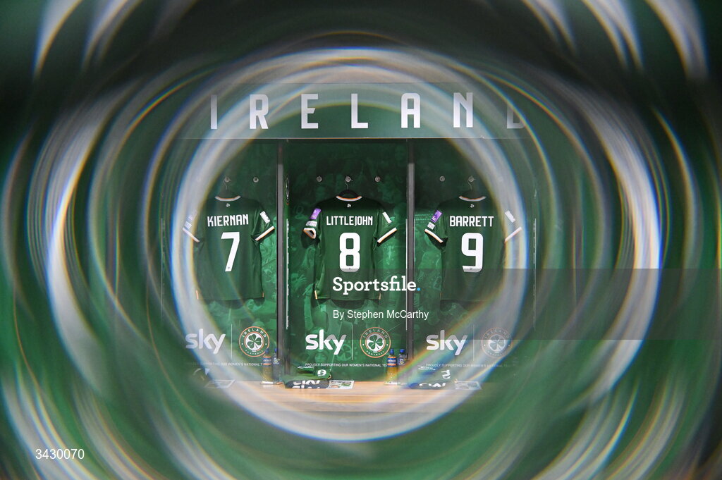18 April 2026; (EDITOR'S NOTE; This image was created using a special effects camera filter) The jerseys of, from left, Leanne Kiernan, Ruesha Littlejohn and Amber Barrett hang in the Republic of Ireland dressing room before the 2027 FIFA Women’s World Cup Qualifier match between Republic of Ireland and Poland at the Aviva Stadium in Dublin. Photo by Stephen McCarthy/Sportsfile