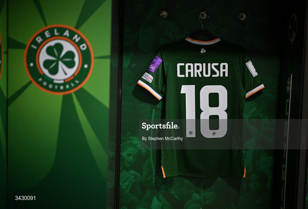 18 April 2026; The jersey of Kyra Carusa hangs in the Republic of Ireland dressing room before the 2027 FIFA Women’s World Cup Qualifier match between Republic of Ireland and Poland at the Aviva Stadium in Dublin. Photo by Stephen McCarthy/Sportsfile