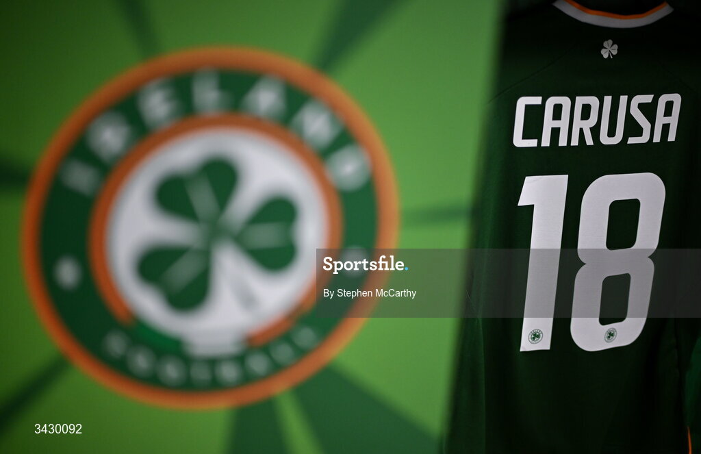 18 April 2026; The jersey of Kyra Carusa hangs in the Republic of Ireland dressing room before the 2027 FIFA Women’s World Cup Qualifier match between Republic of Ireland and Poland at the Aviva Stadium in Dublin. Photo by Stephen McCarthy/Sportsfile