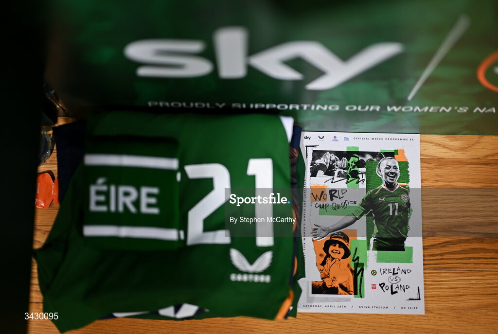 18 April 2026; A general view of the match programme alongside the shorts of Emily Murphy in the Republic of Ireland dressing room before the 2027 FIFA Women’s World Cup Qualifier match between Republic of Ireland and Poland at the Aviva Stadium in Dublin. Photo by Stephen McCarthy/Sportsfile