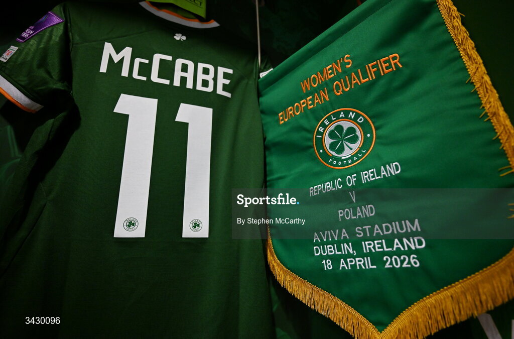 18 April 2026; The jersey of Katie McCabe hangs in the Republic of Ireland dressing room alongside a pennant before the 2027 FIFA Women’s World Cup Qualifier match between Republic of Ireland and Poland at the Aviva Stadium in Dublin. Photo by Stephen McCarthy/Sportsfile