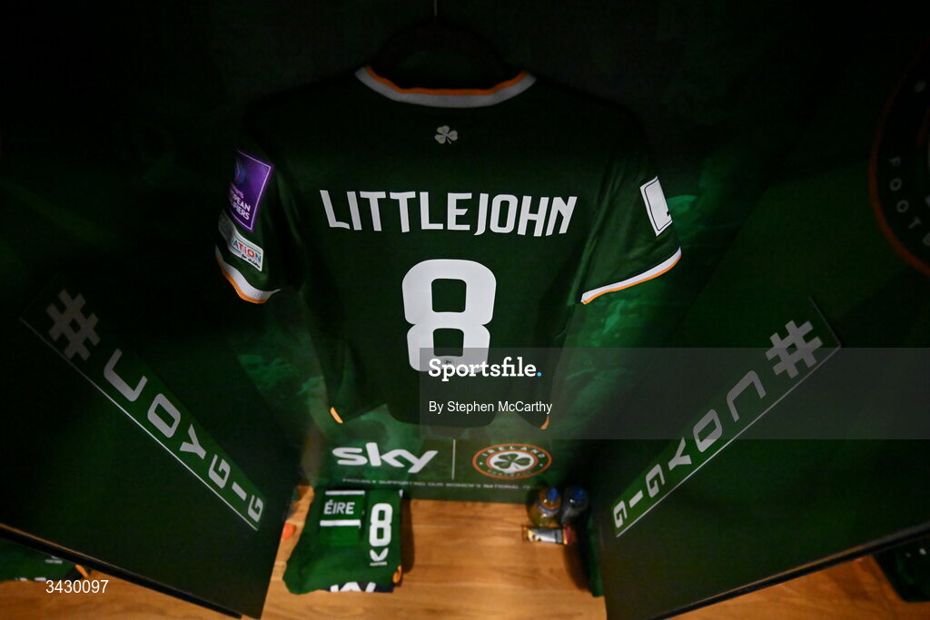 18 April 2026; The jersey of Ruesha Littlejohn hangs in the Republic of Ireland dressing room before the 2027 FIFA Women’s World Cup Qualifier match between Republic of Ireland and Poland at the Aviva Stadium in Dublin. Photo by Stephen McCarthy/Sportsfile