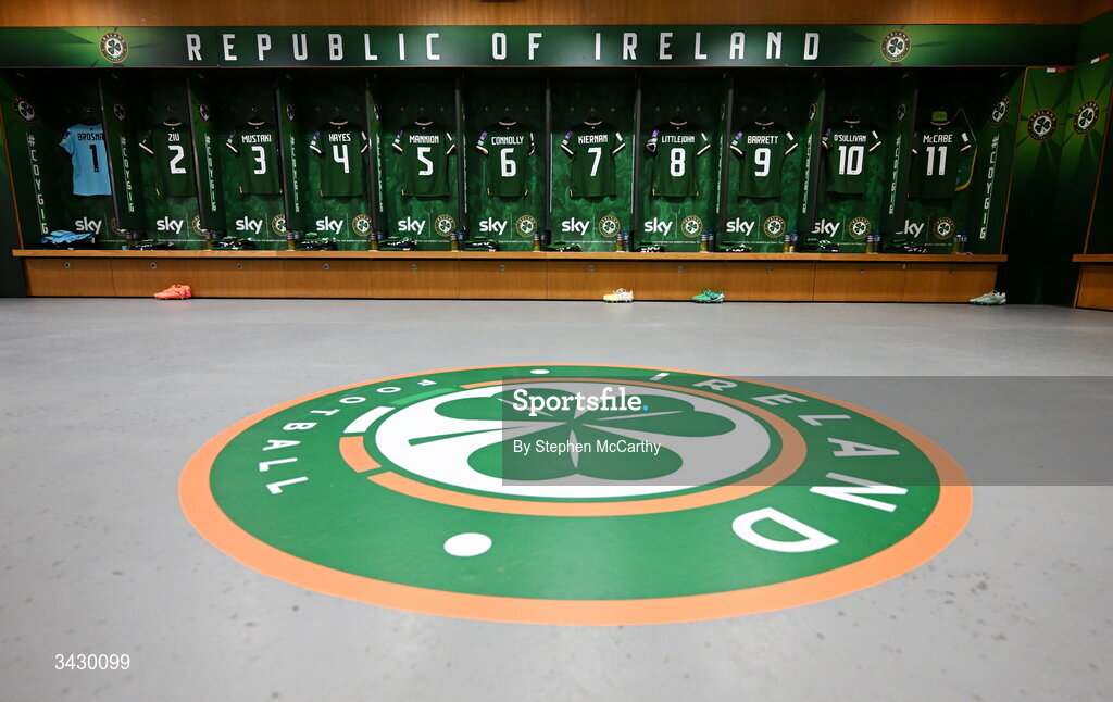 18 April 2026; A general view inside the Republic of Ireland dressing room before the 2027 FIFA Women’s World Cup Qualifier match between Republic of Ireland and Poland at the Aviva Stadium in Dublin. Photo by Stephen McCarthy/Sportsfile