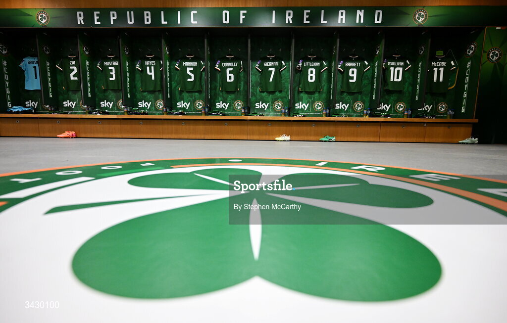 18 April 2026; A general view inside the Republic of Ireland dressing room before the 2027 FIFA Women’s World Cup Qualifier match between Republic of Ireland and Poland at the Aviva Stadium in Dublin. Photo by Stephen McCarthy/Sportsfile