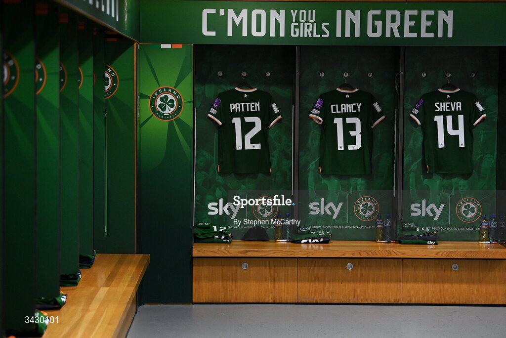 18 April 2026; The jerseys of, from left, Anna Patten, Aoibheann Clancy and Marissa Sheva hang in the Republic of Ireland dressing room before the 2027 FIFA Women’s World Cup Qualifier match between Republic of Ireland and Poland at the Aviva Stadium in Dublin. Photo by Stephen McCarthy/Sportsfile