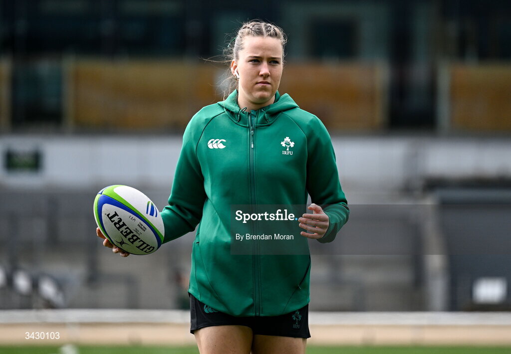 18 April 2026; Saoirse Crowe of Ireland walks the pitch before the Women's U21 Six Nations Series match between Ireland and Italy at Dexcom Stadium in Galway. Photo by Brendan Moran/Sportsfile