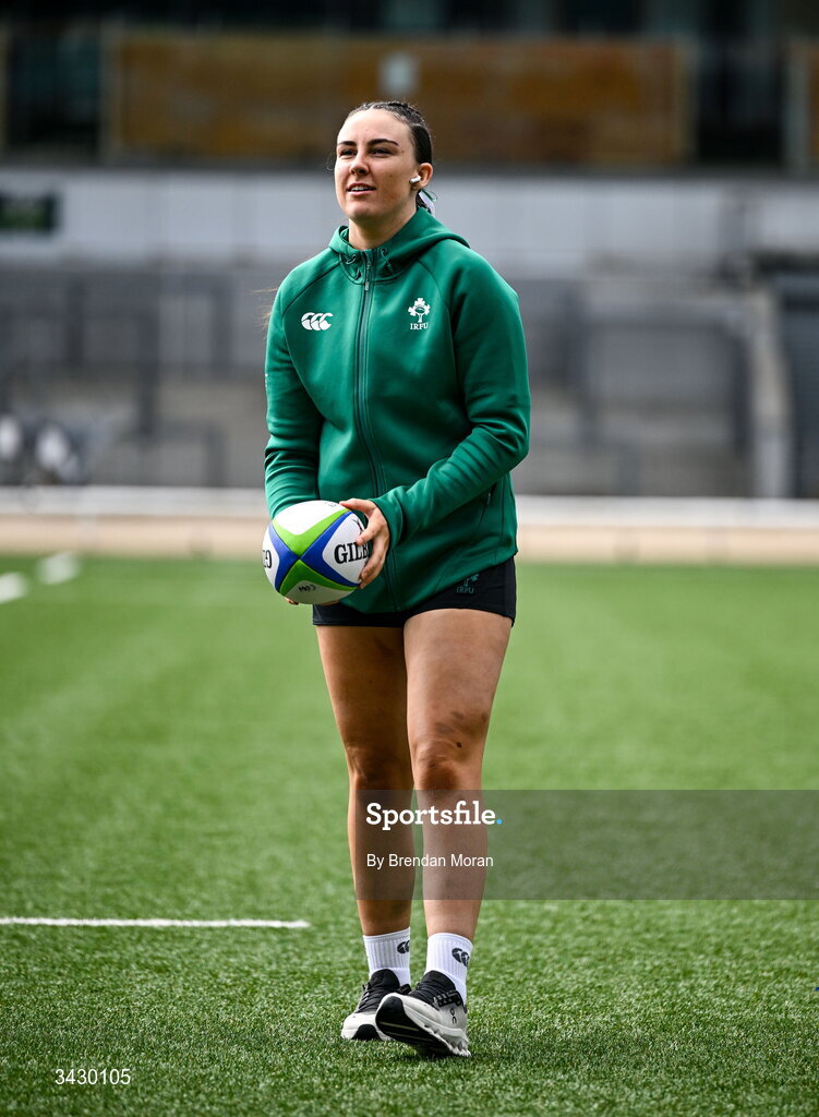 18 April 2026; Anna-Kate Cournane of Ireland walks the pitch before the Women's U21 Six Nations Series match between Ireland and Italy at Dexcom Stadium in Galway. Photo by Brendan Moran/Sportsfile