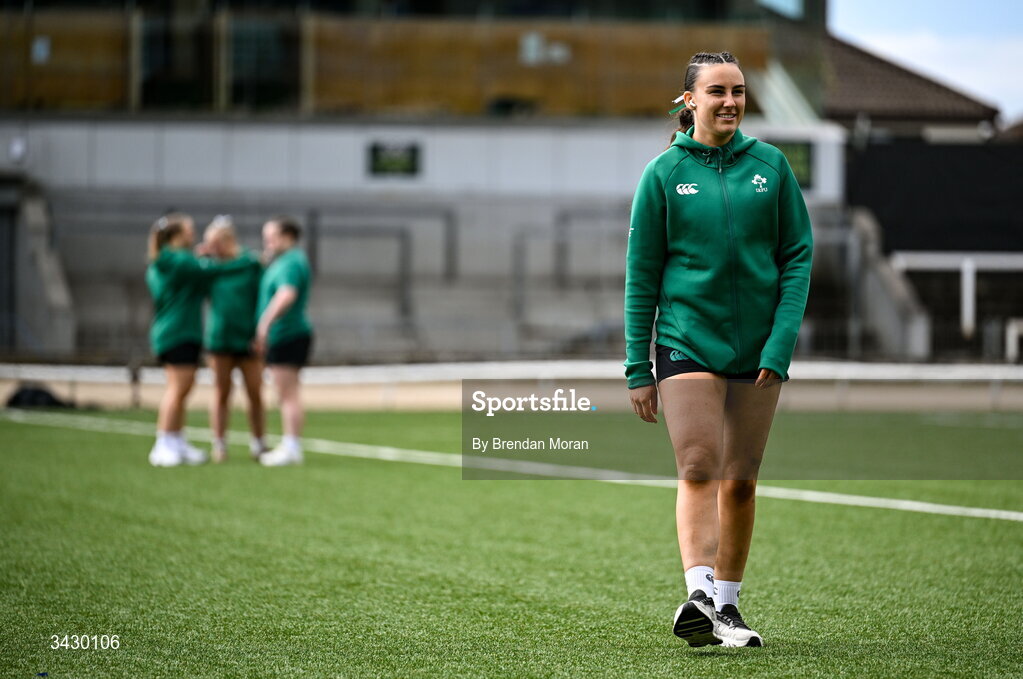 18 April 2026; Anna-Kate Cournane of Ireland walks the pitch before the Women's U21 Six Nations Series match between Ireland and Italy at Dexcom Stadium in Galway. Photo by Brendan Moran/Sportsfile