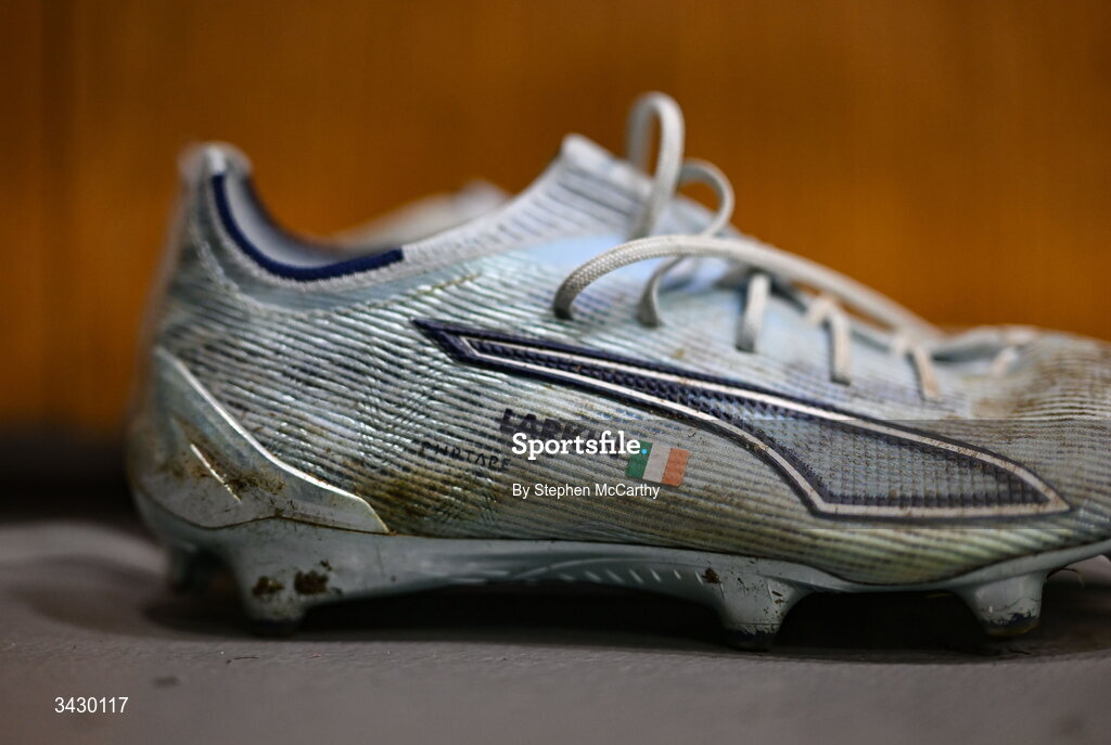 18 April 2026; A detailed view of the boots of Abbie Larkin inside the Republic of Ireland dressing room before the 2027 FIFA Women’s World Cup Qualifier match between Republic of Ireland and Poland at the Aviva Stadium in Dublin. Photo by Stephen McCarthy/Sportsfile