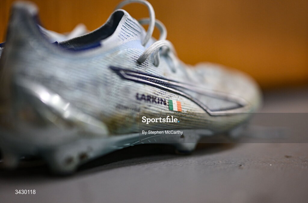 18 April 2026; A detailed view of the boots of Abbie Larkin inside the Republic of Ireland dressing room before the 2027 FIFA Women’s World Cup Qualifier match between Republic of Ireland and Poland at the Aviva Stadium in Dublin. Photo by Stephen McCarthy/Sportsfile