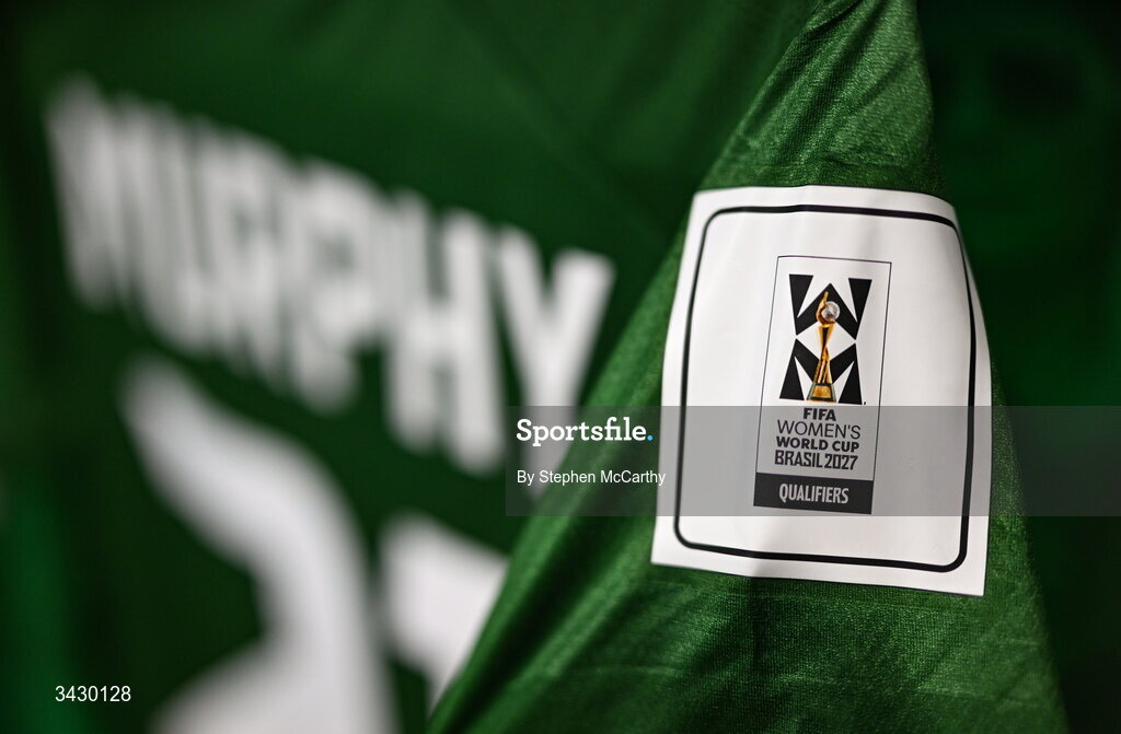 18 April 2026; A detailed view of the FIFA Women's World Cup 2027 crest on the jersy of Emily Murphy inside the Republic of Ireland dressing room before the 2027 FIFA Women’s World Cup Qualifier match between Republic of Ireland and Poland at the Aviva Stadium in Dublin. Photo by Stephen McCarthy/Sportsfile